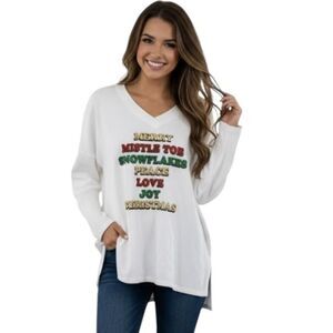 Tru Self Shirt Womens Small White V Neck Long Sleeve Christmas Graphic Glitter